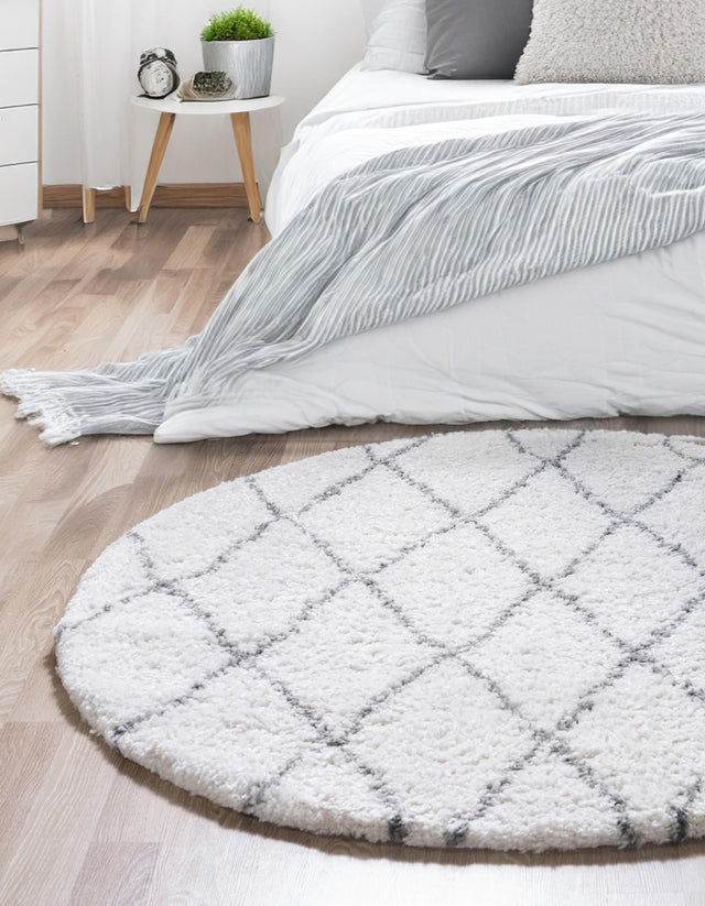 Pure Ivory 9' 10 x 9' 10 Rabat Shag Round Area Rug Thick Soft Touch Fluffy & Plush Shaggy Pile Durable Geometric Carpet for Luxury Interior Design for Sale at Rug Engine