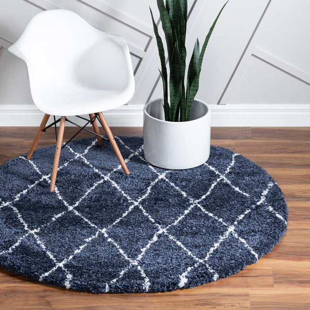 Navy Blue 8' x 8' Rabat Shag Round Area Rug Thick Soft Touch Fluffy & Plush Shaggy Pile Durable Geometric Carpet for Luxury Interior Design for Sale at Rug Engine