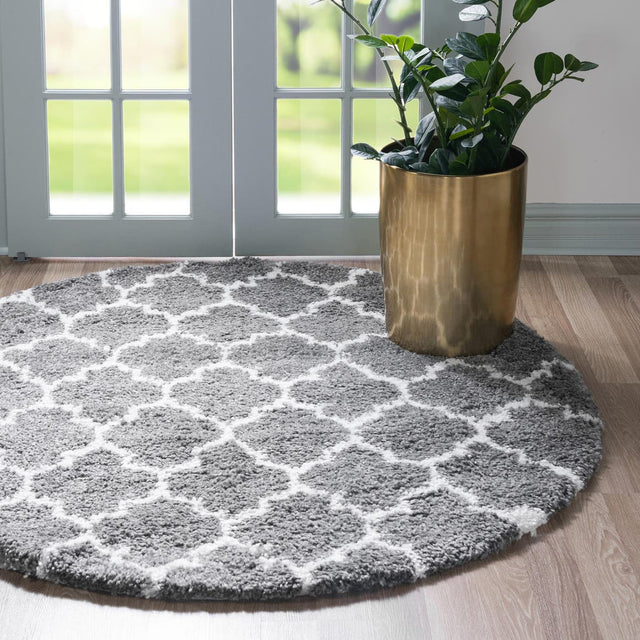Gray 8' x 8' Rabat Shag Round Area Rug Thick Soft Touch Fluffy & Plush Shaggy Pile Durable Geometric Carpet for Luxury Interior Design for Sale at Rug Engine