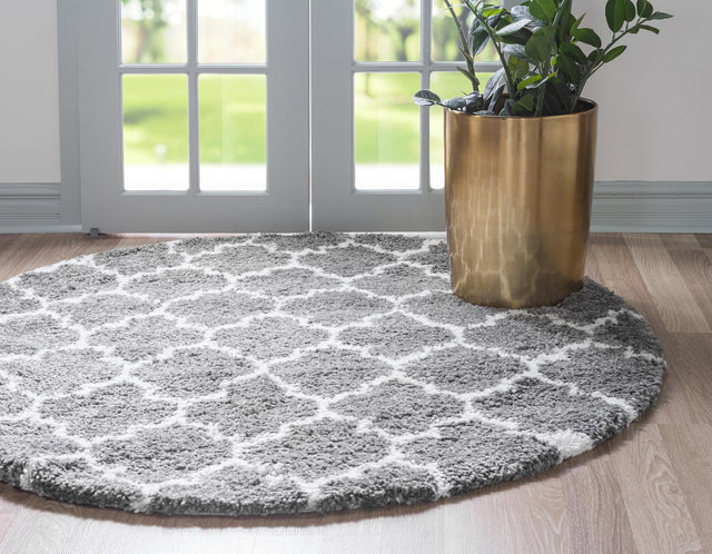 Gray 8' x 8' Rabat Shag Round Area Rug Thick Soft Touch Fluffy & Plush Shaggy Pile Durable Geometric Carpet for Luxury Interior Design for Sale at Rug Engine