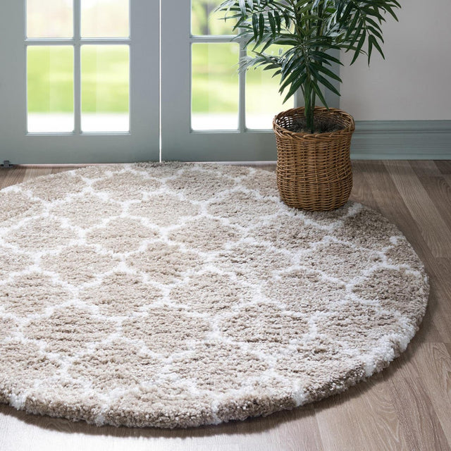 Taupe 5' 1 x 5' 1 Rabat Shag Round Area Rug Thick Soft Touch Fluffy & Plush Shaggy Pile Durable Geometric Carpet for Luxury Interior Design for Sale at Rug Engine