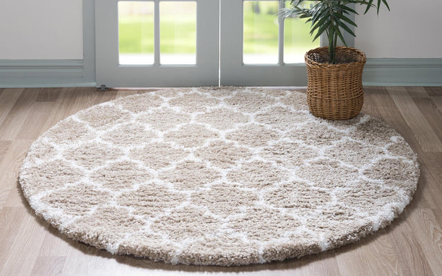 Taupe 8' x 8' Rabat Shag Round Area Rug Thick Soft Touch Fluffy & Plush Shaggy Pile Durable Geometric Carpet for Luxury Interior Design for Sale at Rug Engine