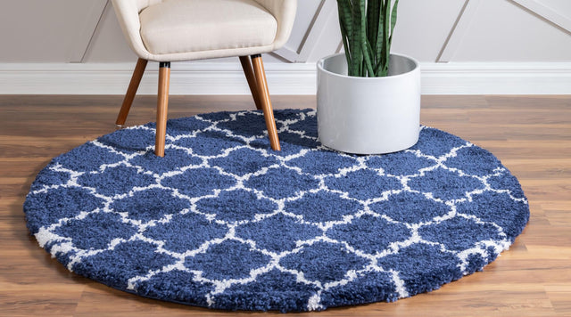 Navy Blue 8' x 8' Rabat Shag Round Area Rug Thick Soft Touch Fluffy & Plush Shaggy Pile Durable Geometric Carpet for Luxury Interior Design for Sale at Rug Engine