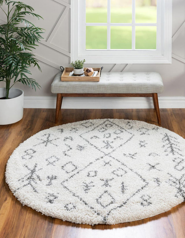 Pure Ivory 8' x 8' Rabat Shag Round Area Rug Thick Soft Touch Fluffy & Plush Shaggy Pile Durable Geometric Carpet for Luxury Interior Design for Sale at Rug Engine