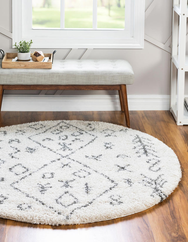 Pure Ivory 5' 3 x 5' 3 Rabat Shag Round Area Rug Thick Soft Touch Fluffy & Plush Shaggy Pile Durable Geometric Carpet for Luxury Interior Design for Sale at Rug Engine