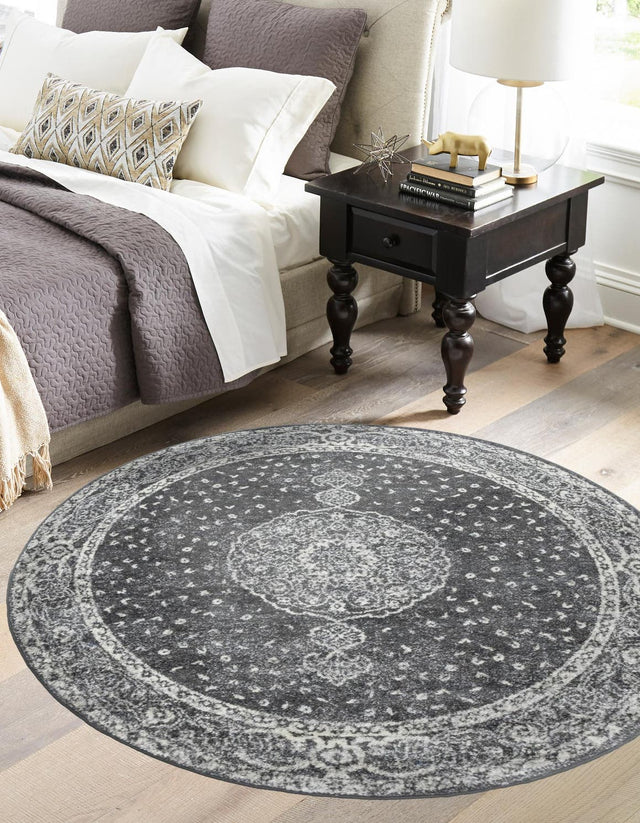 Dark Gray 5' 3 x 5' 3 Bromley Round Area Rug 100% Polypropylene With Cotton Backing Vintage Distressed Colorful Traditional Carpet for Living Dining Rooms Offices for Sale at Rug Engine