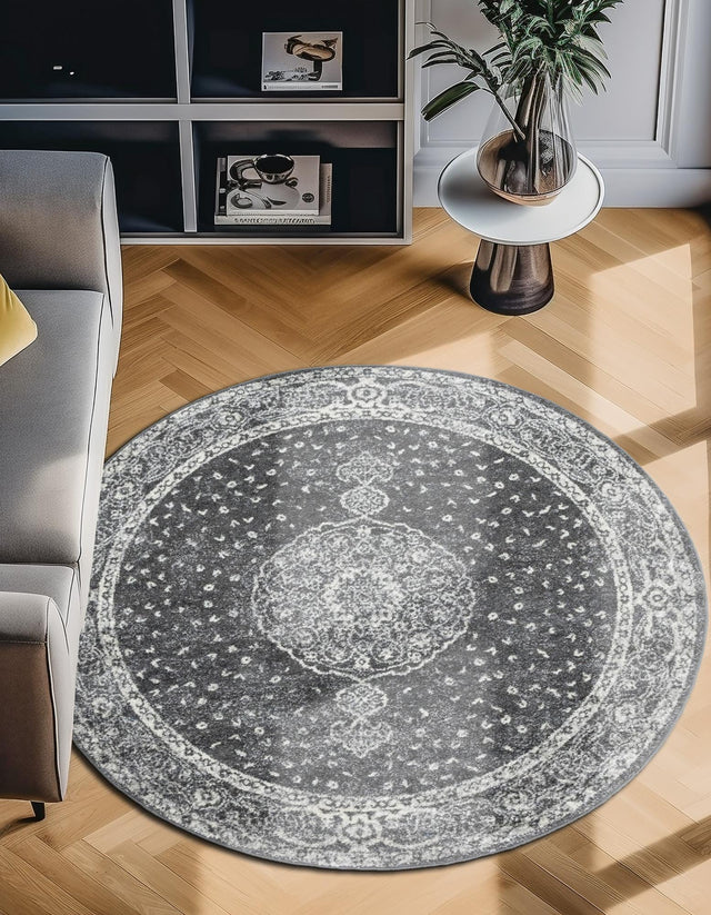 Dark Gray 5' 3 x 5' 3 Bromley Round Area Rug 100% Polypropylene With Cotton Backing Vintage Distressed Colorful Traditional Carpet for Living Dining Rooms Offices for Sale at Rug Engine