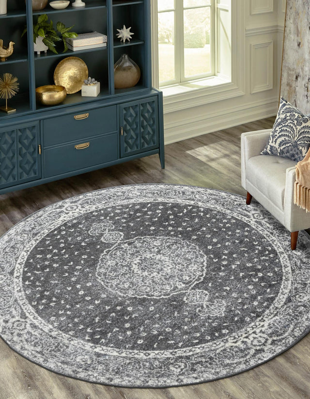 Dark Gray 5' 3 x 5' 3 Bromley Round Area Rug 100% Polypropylene With Cotton Backing Vintage Distressed Colorful Traditional Carpet for Living Dining Rooms Offices for Sale at Rug Engine