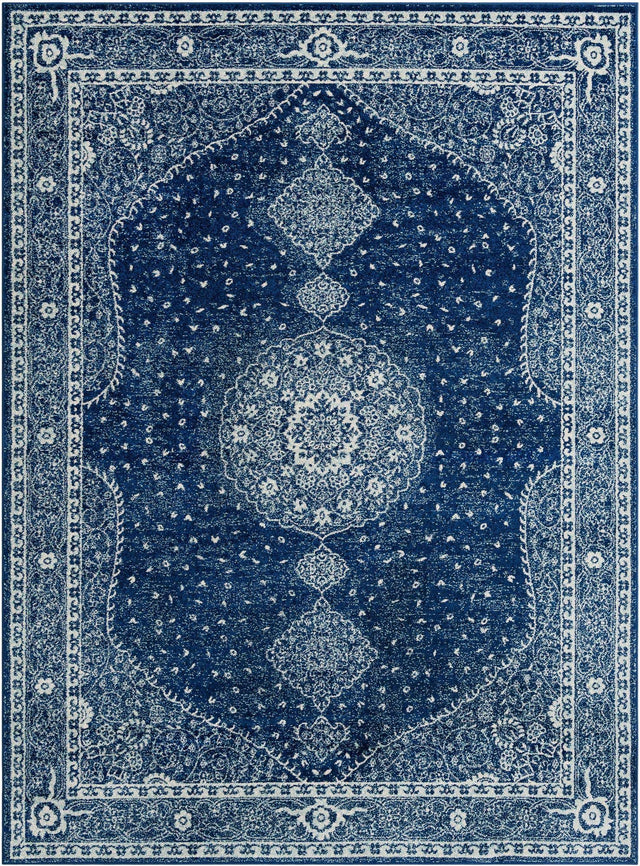 Navy Blue 9' x 12' Bromley Rectangle Area Rug 100% Polypropylene With Cotton Backing Vintage Distressed Colorful Traditional Carpet for Living Dining Rooms Offices for Sale at Rug Engine