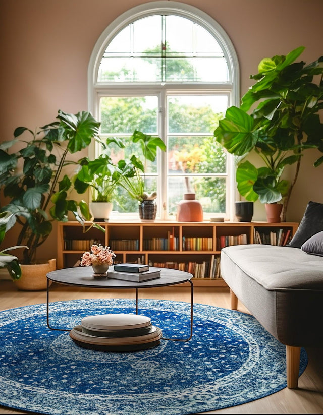 Navy Blue 10' x 10' Bromley Round Area Rug 100% Polypropylene With Cotton Backing Vintage Distressed Colorful Traditional Carpet for Living Dining Rooms Offices for Sale at Rug Engine