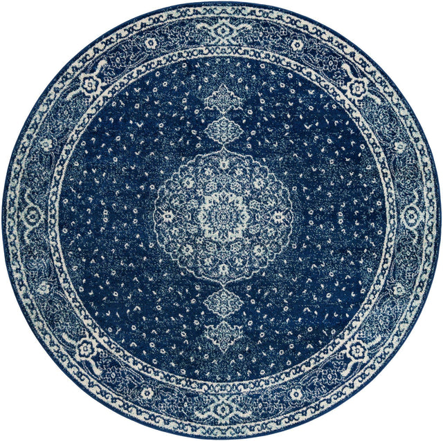 Navy Blue 7' 10 x 7' 10 Bromley Round Area Rug 100% Polypropylene With Cotton Backing Vintage Distressed Colorful Traditional Carpet for Living Dining Rooms Offices for Sale at Rug Engine