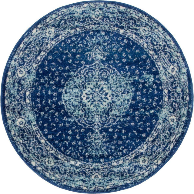 Navy Blue 3' 1 x 3' 1 Bromley Round Area Rug 100% Polypropylene With Cotton Backing Vintage Distressed Colorful Traditional Carpet for Living Dining Rooms Offices for Sale at Rug Engine