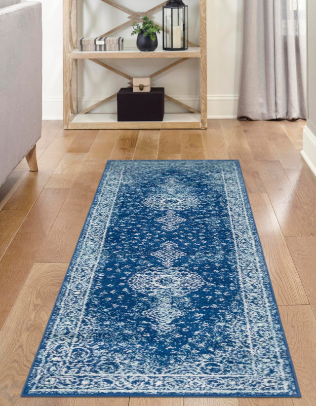 Navy Blue 2' x 13' 1 Bromley Runner Area Rug 100% Polypropylene With Cotton Backing Vintage Distressed Colorful Traditional Carpet for Living Dining Rooms Offices for Sale at Rug Engine