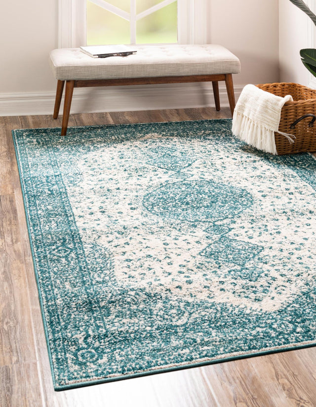 Turquoise 5' 1 x 8' Bromley Rectangle Area Rug 100% Polypropylene With Cotton Backing Vintage Distressed Colorful Traditional Carpet for Living Dining Rooms Offices for Sale at Rug Engine