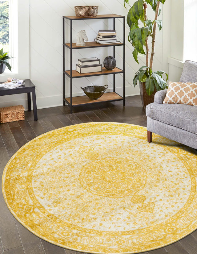 Yellow 3' 1 x 3' 1 Bromley Round Area Rug 100% Polypropylene With Cotton Backing Vintage Distressed Colorful Traditional Carpet for Living Dining Rooms Offices for Sale at Rug Engine