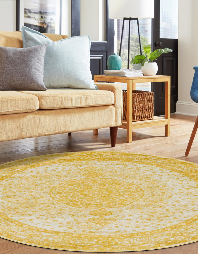 Yellow 5' 3 x 5' 3 Bromley Round Area Rug 100% Polypropylene With Cotton Backing Vintage Distressed Colorful Traditional Carpet for Living Dining Rooms Offices for Sale at Rug Engine