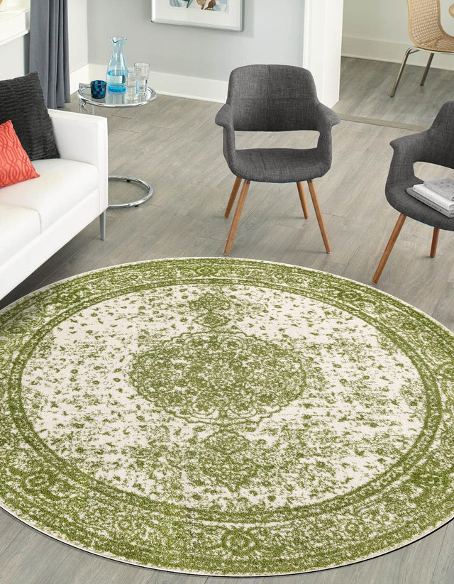 Green 5' 3 x 5' 3 Bromley Round Area Rug 100% Polypropylene With Cotton Backing Vintage Distressed Colorful Traditional Carpet for Living Dining Rooms Offices for Sale at Rug Engine