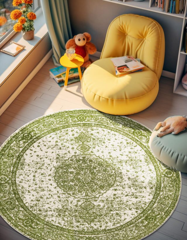 Green 5' 3 x 5' 3 Bromley Round Area Rug 100% Polypropylene With Cotton Backing Vintage Distressed Colorful Traditional Carpet for Living Dining Rooms Offices for Sale at Rug Engine