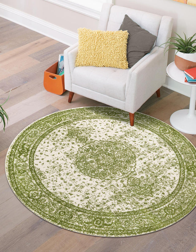 Green 5' 3 x 5' 3 Bromley Round Area Rug 100% Polypropylene With Cotton Backing Vintage Distressed Colorful Traditional Carpet for Living Dining Rooms Offices for Sale at Rug Engine