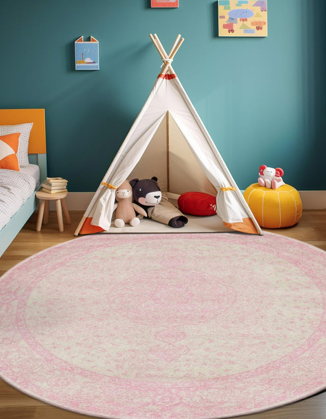 Pink 7' 10 x 7' 10 Bromley Round Area Rug 100% Polypropylene With Cotton Backing Vintage Distressed Colorful Traditional Carpet for Living Dining Rooms Offices for Sale at Rug Engine