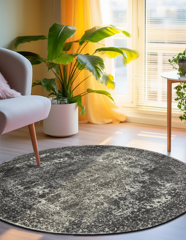 Dark Gray 7' 10 x 7' 10 Bromley Round Area Rug 100% Polypropylene With Cotton Backing Vintage Distressed Colorful Traditional Carpet for Living Dining Rooms Offices for Sale at Rug Engine
