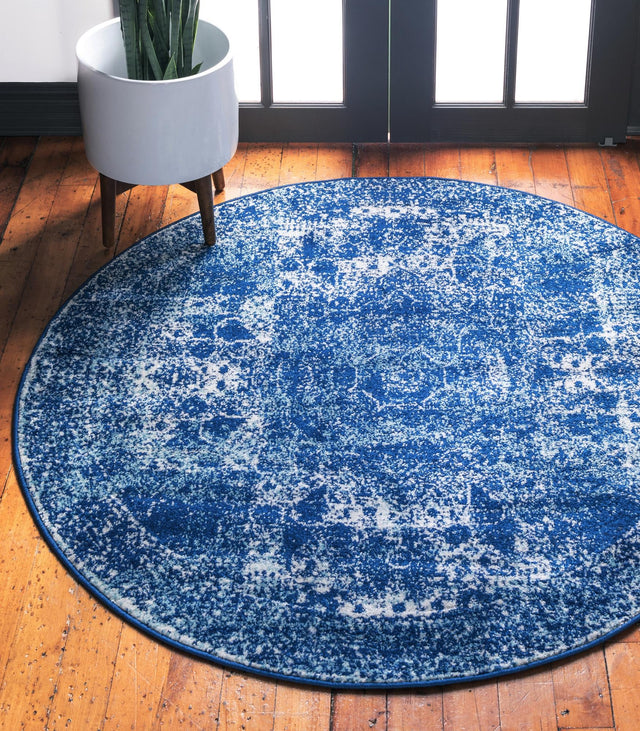 Navy Blue 3' x 3' Bromley Round Area Rug 100% Polypropylene With Cotton Backing Vintage Distressed Colorful Traditional Carpet for Living Dining Rooms Offices for Sale at Rug Engine