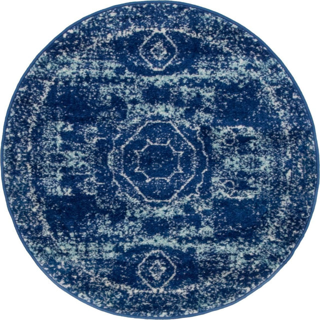 Navy Blue 3' x 3' Bromley Round Area Rug 100% Polypropylene With Cotton Backing Vintage Distressed Colorful Traditional Carpet for Living Dining Rooms Offices for Sale at Rug Engine