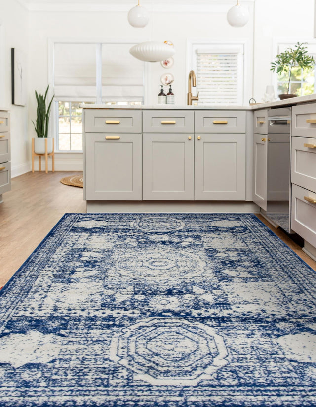 Ivory and Blue 7' 10 x 11' Bromley Rectangle Area Rug 100% Polypropylene With Cotton Backing Vintage Distressed Colorful Traditional Carpet for Living Dining Rooms Offices for Sale at Rug Engine