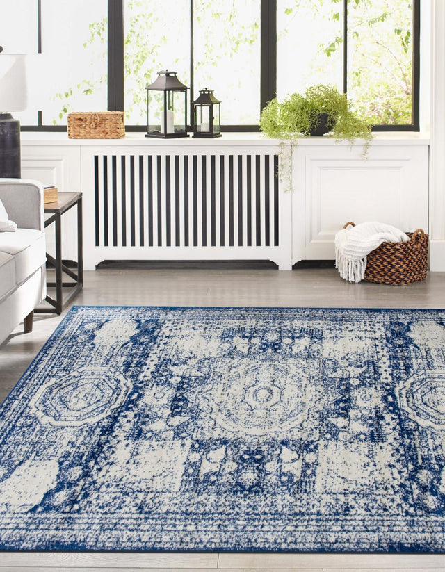 Ivory and Blue 7' 10 x 11' Bromley Rectangle Area Rug 100% Polypropylene With Cotton Backing Vintage Distressed Colorful Traditional Carpet for Living Dining Rooms Offices for Sale at Rug Engine