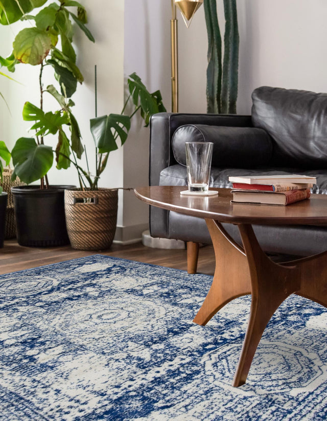 Ivory and Blue 7' 10 x 11' Bromley Rectangle Area Rug 100% Polypropylene With Cotton Backing Vintage Distressed Colorful Traditional Carpet for Living Dining Rooms Offices for Sale at Rug Engine