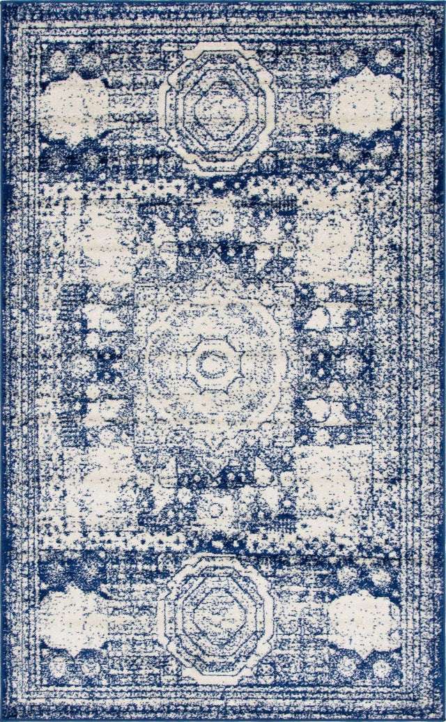 Ivory and Blue 5' 3 x 8' Bromley Rectangle Area Rug 100% Polypropylene With Cotton Backing Vintage Distressed Colorful Traditional Carpet for Living Dining Rooms Offices for Sale at Rug Engine