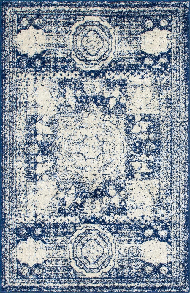 Ivory and Blue 4' 1 x 6' 1 Bromley Rectangle Area Rug 100% Polypropylene With Cotton Backing Vintage Distressed Colorful Traditional Carpet for Living Dining Rooms Offices for Sale at Rug Engine