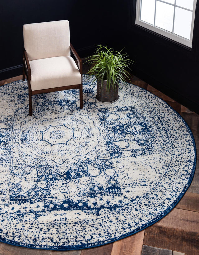 Ivory and Blue 2' x 7' 10 Bromley Round Area Rug 100% Polypropylene With Cotton Backing Vintage Distressed Colorful Traditional Carpet for Living Dining Rooms Offices for Sale at Rug Engine