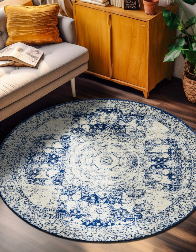 Ivory and Blue 5' 3 x 5' 3 Bromley Round Area Rug 100% Polypropylene With Cotton Backing Vintage Distressed Colorful Traditional Carpet for Living Dining Rooms Offices for Sale at Rug Engine