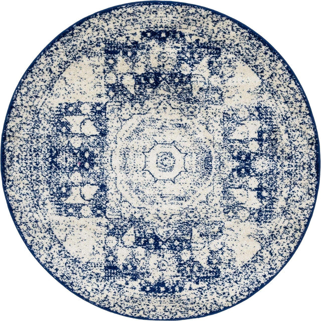 Ivory and Blue 5' 3 x 5' 3 Bromley Round Area Rug 100% Polypropylene With Cotton Backing Vintage Distressed Colorful Traditional Carpet for Living Dining Rooms Offices for Sale at Rug Engine