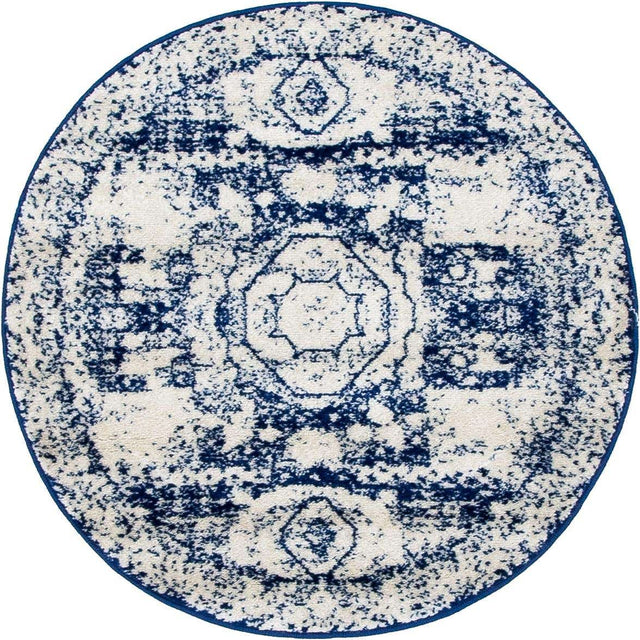 Ivory and Blue 3' 1 x 3' 1 Bromley Round Area Rug 100% Polypropylene With Cotton Backing Vintage Distressed Colorful Traditional Carpet for Living Dining Rooms Offices for Sale at Rug Engine