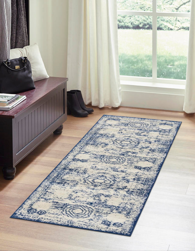 Ivory and Blue 2' x 9' Bromley Runner Area Rug 100% Polypropylene With Cotton Backing Vintage Distressed Colorful Traditional Carpet for Living Dining Rooms Offices for Sale at Rug Engine