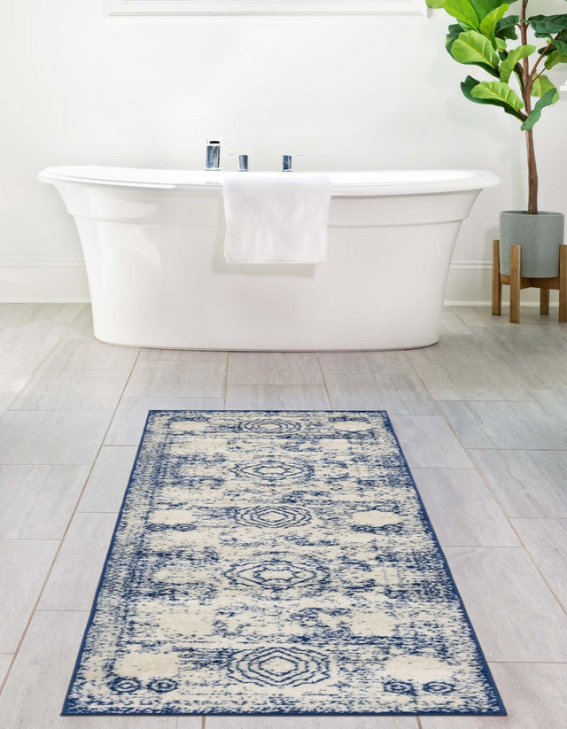 Ivory and Blue 2' x 13' 1 Bromley Runner Area Rug 100% Polypropylene With Cotton Backing Vintage Distressed Colorful Traditional Carpet for Living Dining Rooms Offices for Sale at Rug Engine