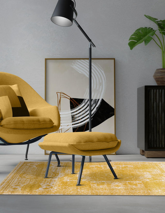 Yellow 7' 1 x 10' Bromley Rectangle Area Rug 100% Polypropylene With Cotton Backing Vintage Distressed Colorful Traditional Carpet for Living Dining Rooms Offices for Sale at Rug Engine