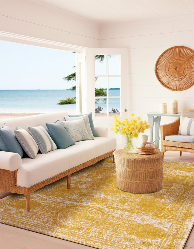 Yellow 7' 1 x 10' Bromley Rectangle Area Rug 100% Polypropylene With Cotton Backing Vintage Distressed Colorful Traditional Carpet for Living Dining Rooms Offices for Sale at Rug Engine