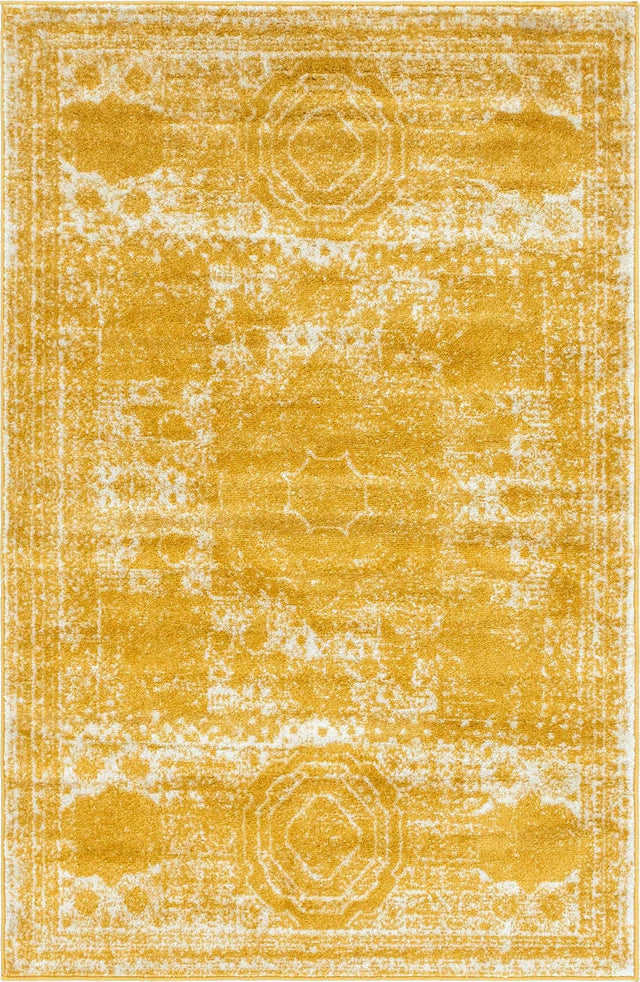 Yellow 4' 1 x 6' 1 Bromley Rectangle Area Rug 100% Polypropylene With Cotton Backing Vintage Distressed Colorful Traditional Carpet for Living Dining Rooms Offices for Sale at Rug Engine