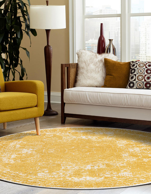 Yellow 7' 10 x 7' 10 Bromley Round Area Rug 100% Polypropylene With Cotton Backing Vintage Distressed Colorful Traditional Carpet for Living Dining Rooms Offices for Sale at Rug Engine