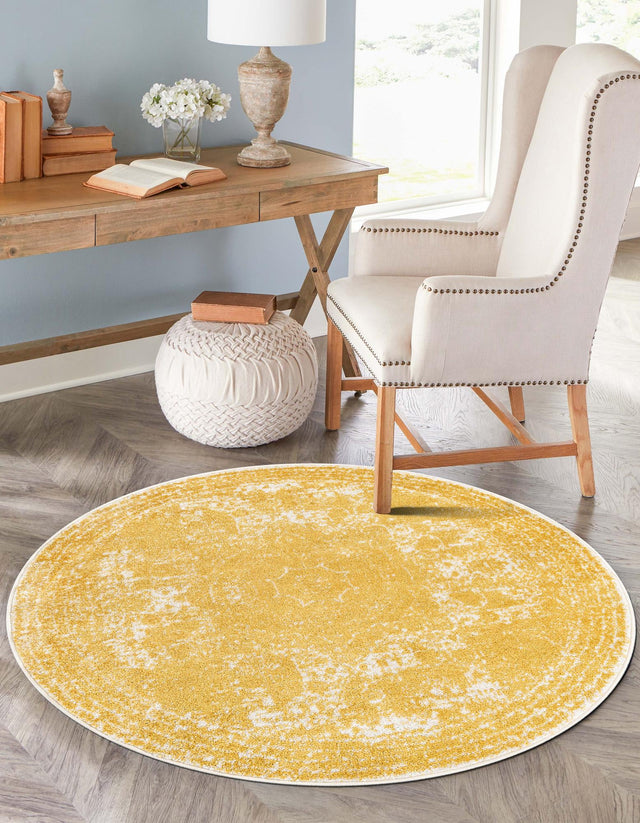 Yellow 3' 1 x 3' 1 Bromley Round Area Rug 100% Polypropylene With Cotton Backing Vintage Distressed Colorful Traditional Carpet for Living Dining Rooms Offices for Sale at Rug Engine