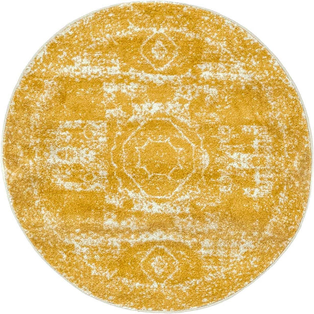 Yellow 3' 1 x 3' 1 Bromley Round Area Rug 100% Polypropylene With Cotton Backing Vintage Distressed Colorful Traditional Carpet for Living Dining Rooms Offices for Sale at Rug Engine