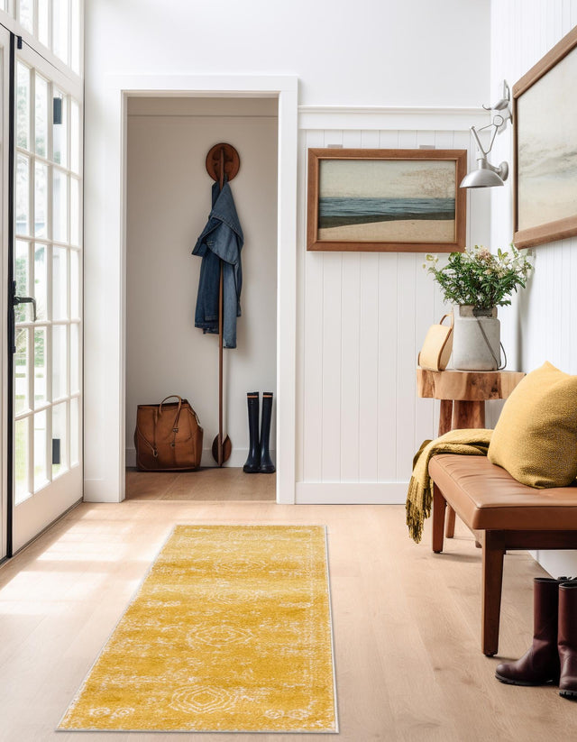 Yellow 2' x 13' 1 Bromley Runner Area Rug 100% Polypropylene With Cotton Backing Vintage Distressed Colorful Traditional Carpet for Living Dining Rooms Offices for Sale at Rug Engine