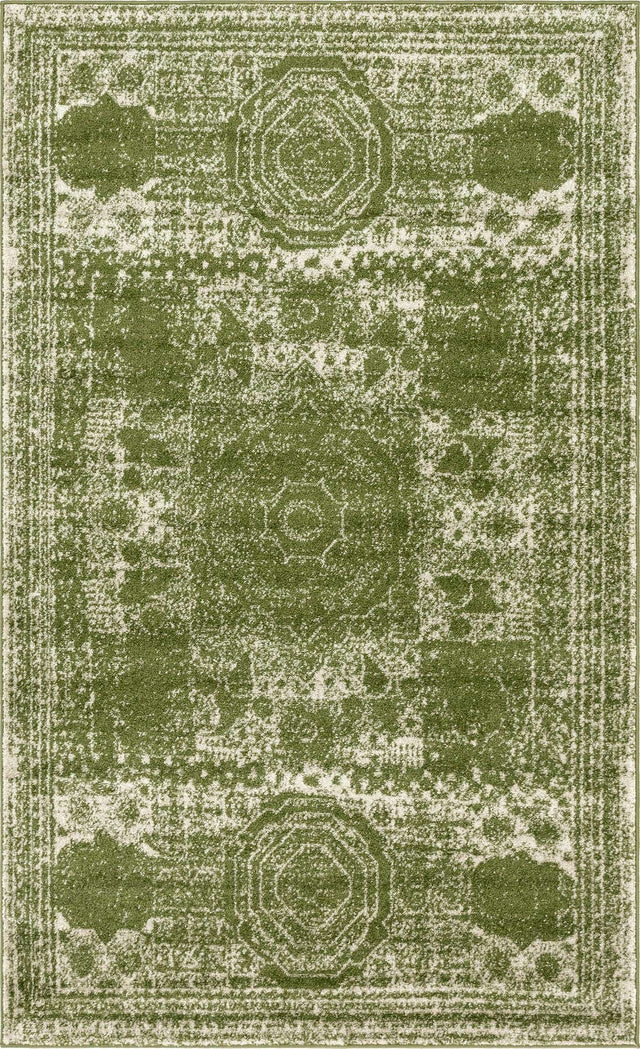 Green 5' 3 x 8' Bromley Rectangle Area Rug 100% Polypropylene With Cotton Backing Vintage Distressed Colorful Traditional Carpet for Living Dining Rooms Offices for Sale at Rug Engine