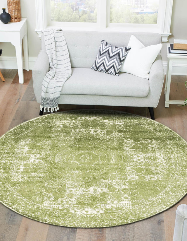 Green 7' 10 x 7' 10 Bromley Round Area Rug 100% Polypropylene With Cotton Backing Vintage Distressed Colorful Traditional Carpet for Living Dining Rooms Offices for Sale at Rug Engine