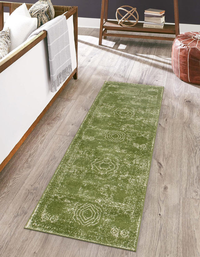 Green 2' x 9' Bromley Runner Area Rug 100% Polypropylene With Cotton Backing Vintage Distressed Colorful Traditional Carpet for Living Dining Rooms Offices for Sale at Rug Engine