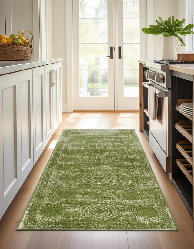 Green 2' x 9' Bromley Runner Area Rug 100% Polypropylene With Cotton Backing Vintage Distressed Colorful Traditional Carpet for Living Dining Rooms Offices for Sale at Rug Engine