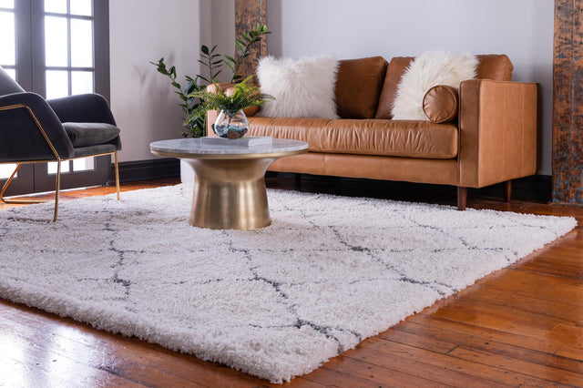 Ivory 8' x 8' Rabat Shag Square Area Rug Thick Soft Touch Fluffy & Plush Shaggy Pile Durable Geometric Carpet for Luxury Interior Design for Sale at Rug Engine